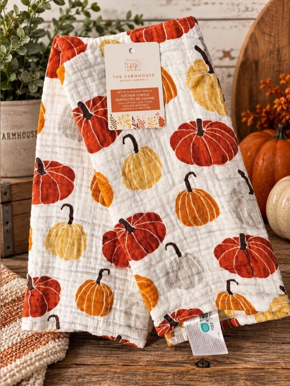 The Farmhouse Pumpkin Kitchen Towels - White with Orange & Yellow